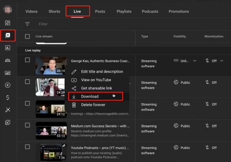 YouTube Studio — сохранение своего live-видео