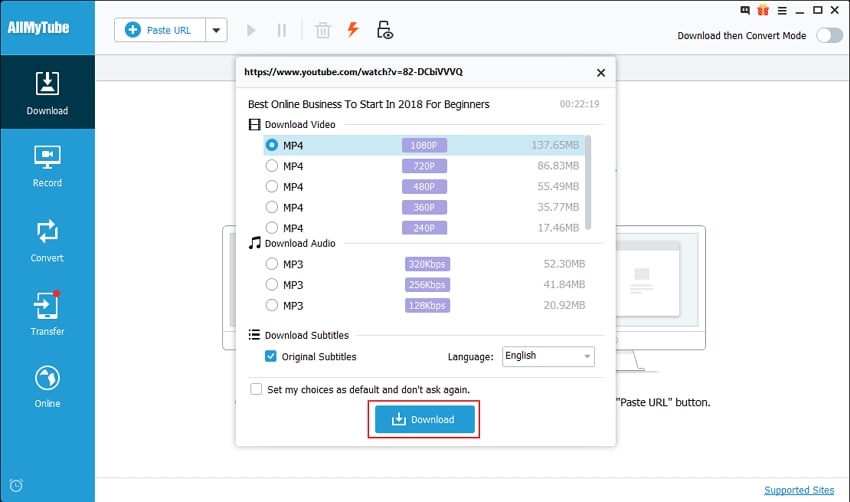 Диалог загрузки через + Paste URL в Wondershare AllMyTube