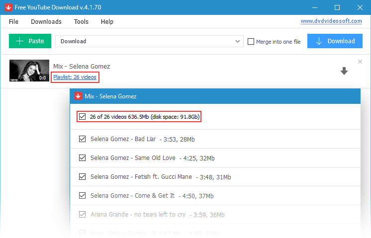 Выбор отдельных роликов из плейлиста