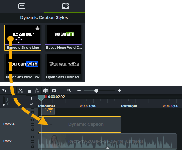 Добавление Dynamic Captions на таймлайн Camtasia
