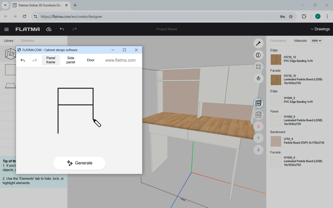 Интерфейс Flatma с рабочей областью, библиотекой и панелью материалов