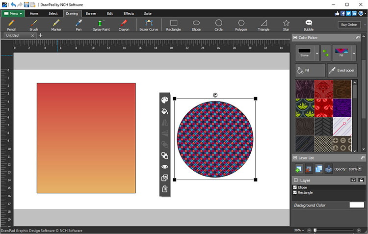 Основной интерфейс DrawPad Graphic Editor с фигурами, заливками, Color Picker и Layer List