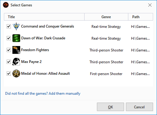 Game Fire — окно Select Games после сканирования