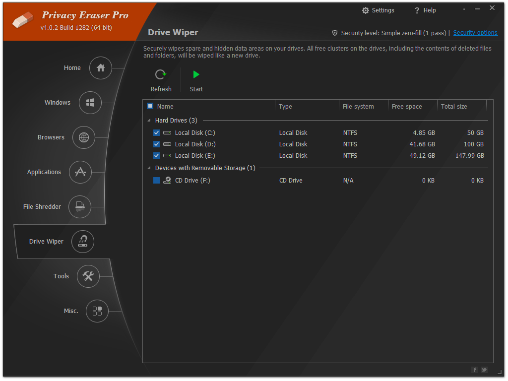 Drive Wiper в Privacy Eraser для очистки свободного пространства диска