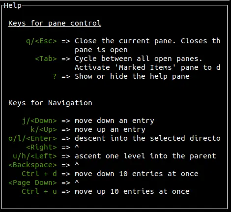 Панель Help в dua-cli со списком основных клавиш навигации и управления панелями
