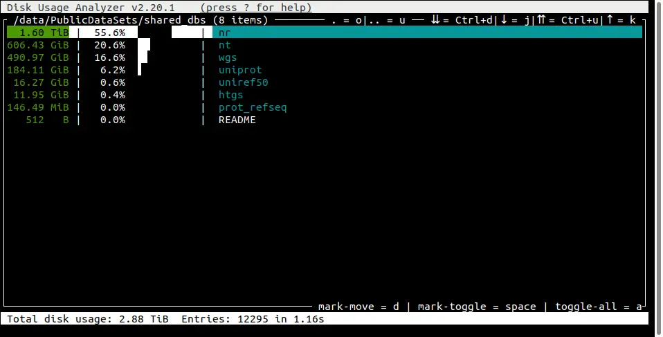 Интерактивный режим dua-cli: дерево каталогов, доли по объему и строка состояния
