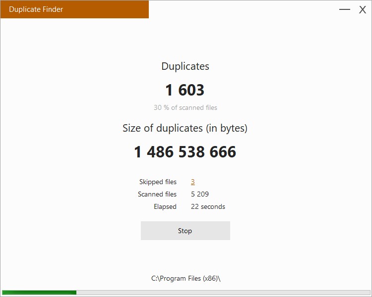 Процесс сканирования в PrivacyRoot Duplicate Finder с количеством найденных дубликатов