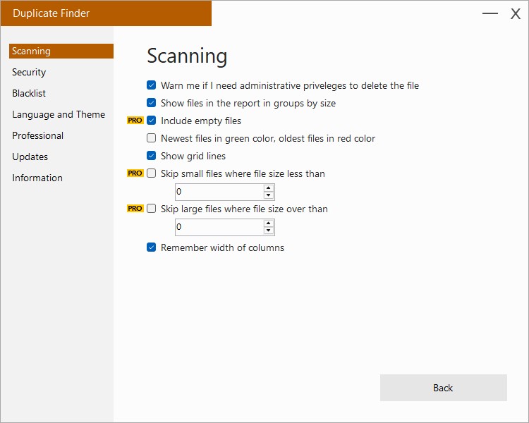Настройки сканирования PrivacyRoot Duplicate Finder