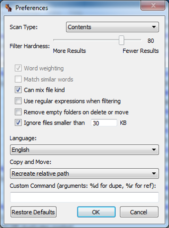 Окно Preferences в dupeGuru