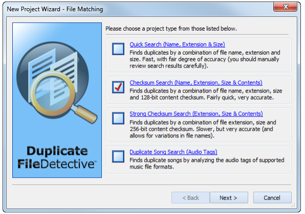 Окно New Project Wizard в Duplicate File Detective