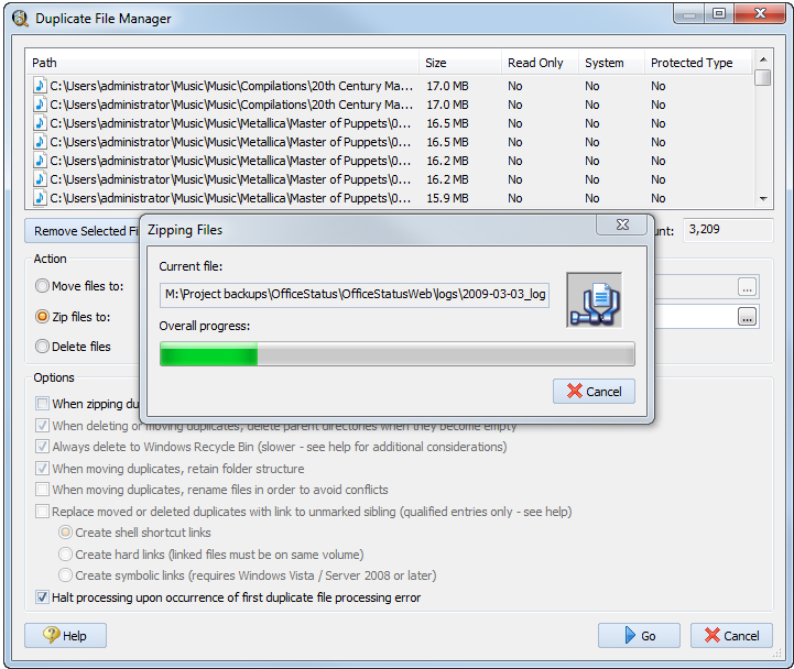 Окно Duplicate File Manager с настройками Move, Zip, Delete и ссылками на оригинал