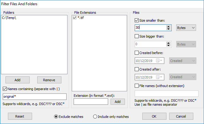 Окно Filter в MindGems Fast Duplicate File Finder