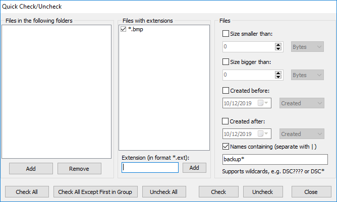 Окно Quick Check/Uncheck в Fast Duplicate File Finder