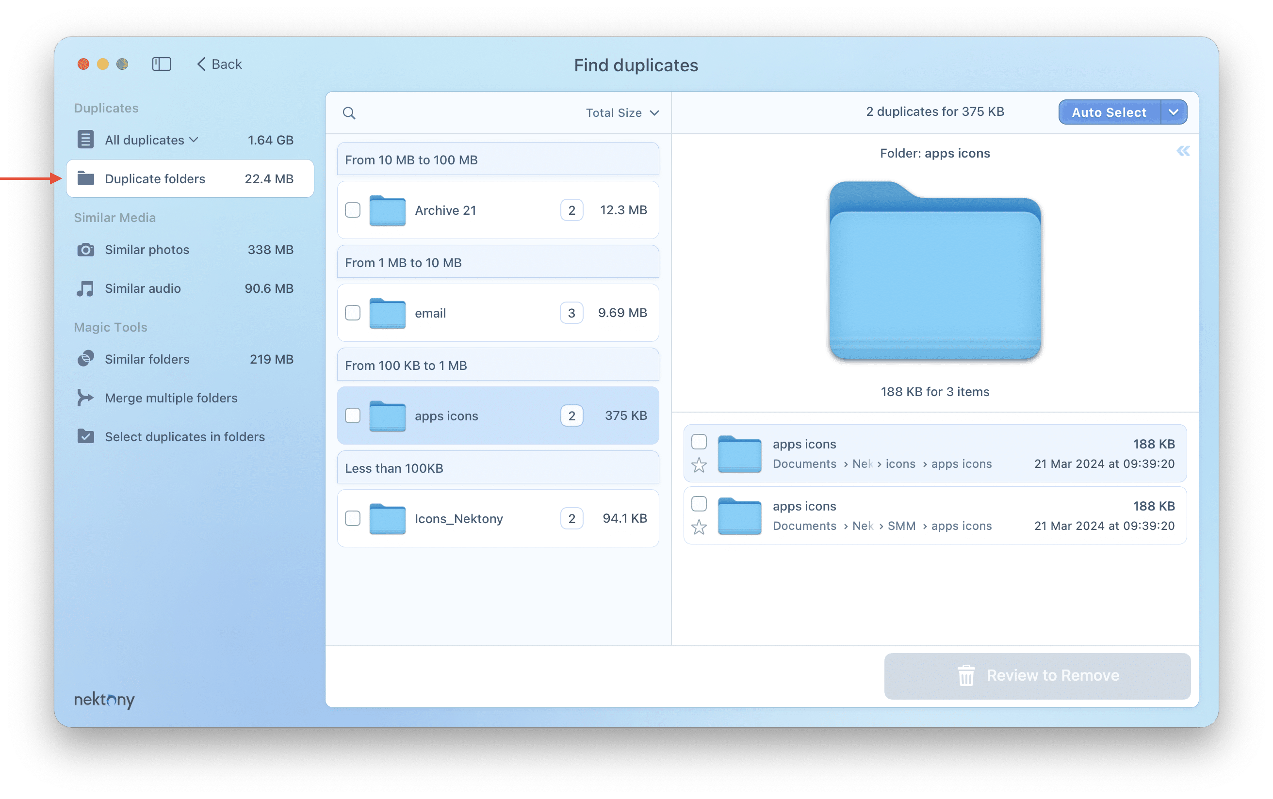 Раздел Duplicate folders в Nektony Duplicate File Finder