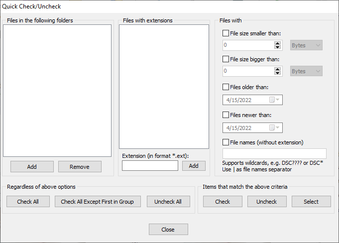 Окно Quick Check/Uncheck в Visual Similarity Duplicate Image Finder