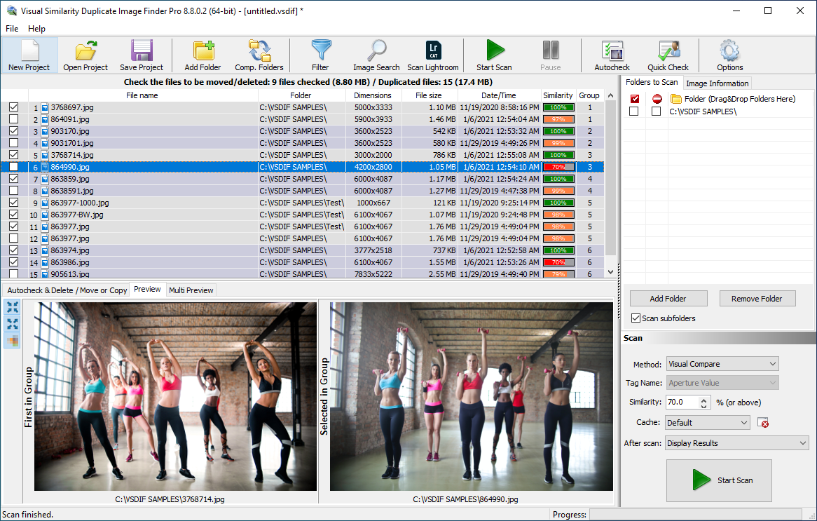 Главное окно Visual Similarity Duplicate Image Finder с результатами поиска похожих изображений