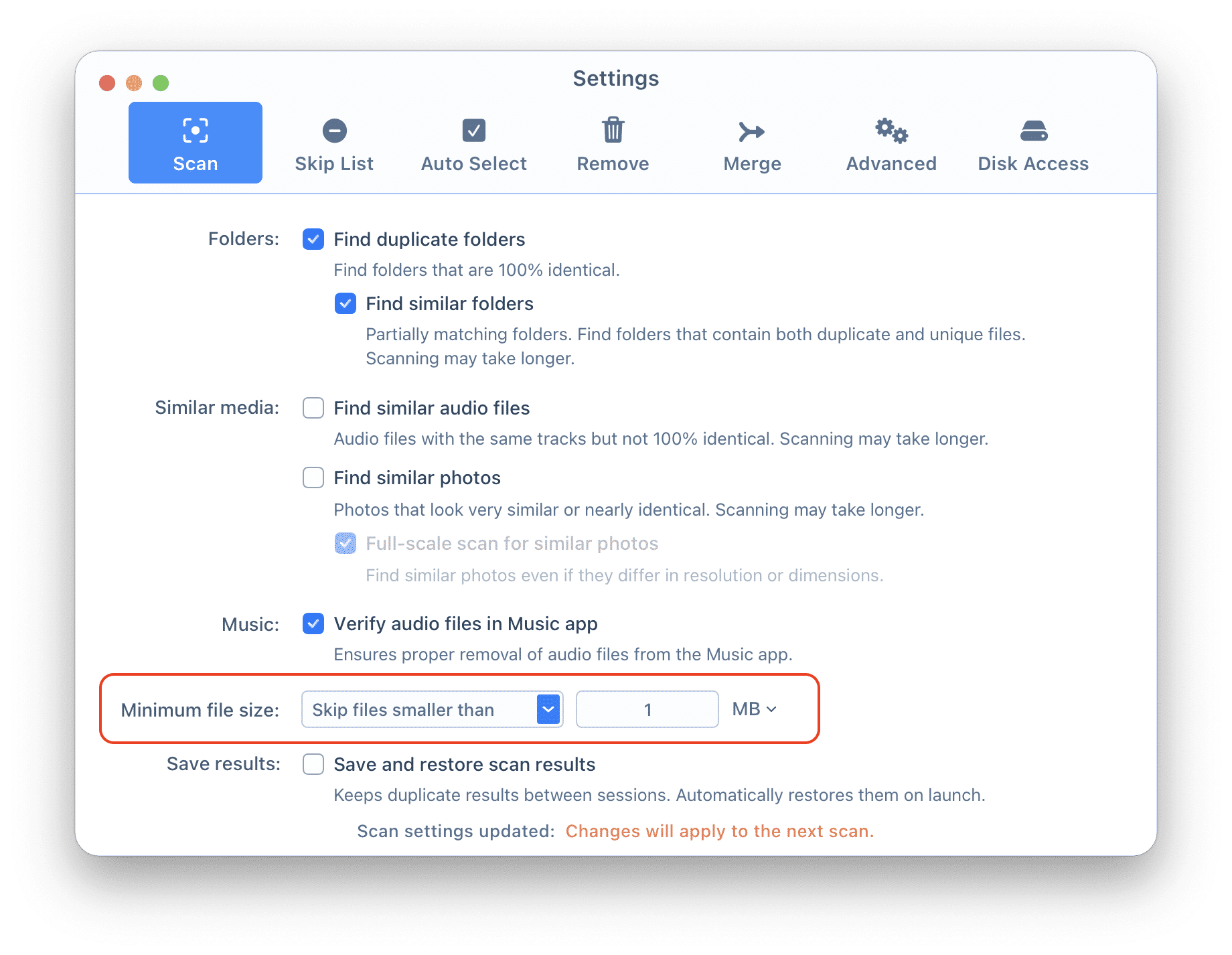 Настройка Minimum file size в Nektony Duplicate File Finder