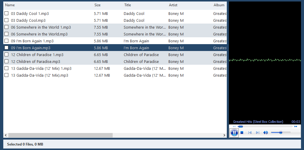 Список дубликатов музыкальных файлов