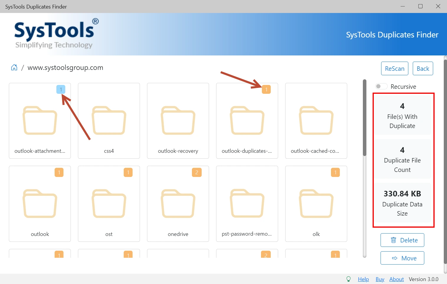 Экран результатов сканирования в SysTools Duplicate File Finder & Remover