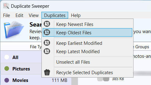 Меню Duplicates с автоматическими правилами выбора