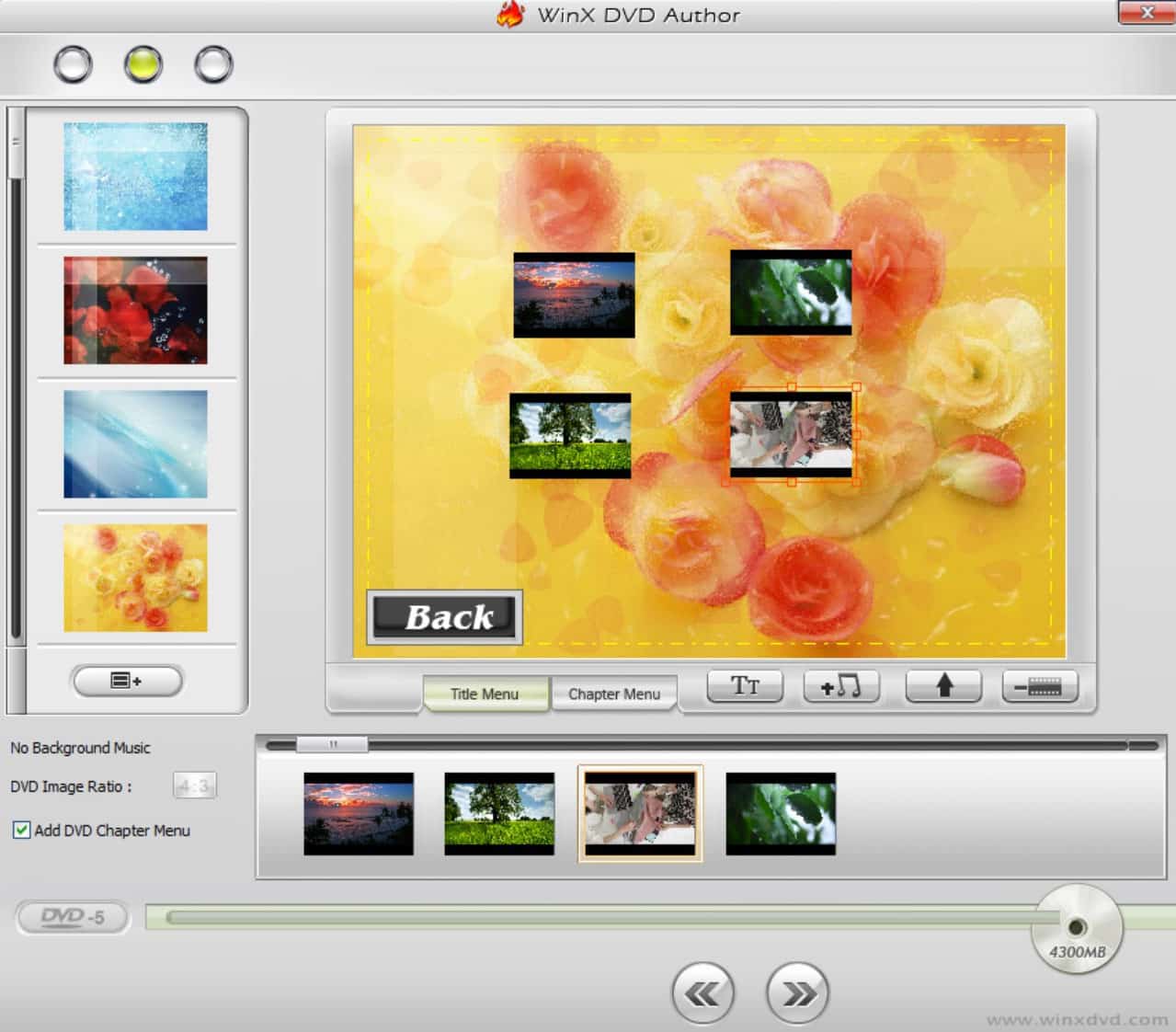 Окно создания DVD-меню в WinX DVD Author