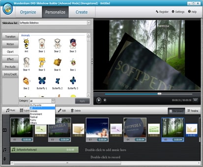 Advanced Mode в Wondershare DVD Slideshow Builder Deluxe: библиотека эффектов, окно предпросмотра и Timeline