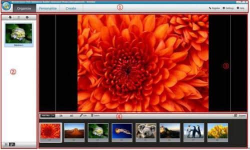 Интерфейс Wondershare DVD Slideshow Builder Deluxe с областями навигации, предпросмотра и Storyboard