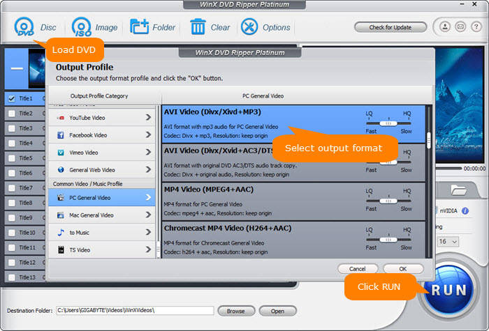 WinX DVD Ripper: выбор профиля AVI Video DivX Xvid MP3
