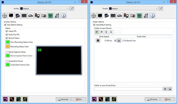 Интерфейс Dxtory с вкладками Overlay Setting и Folder Setting