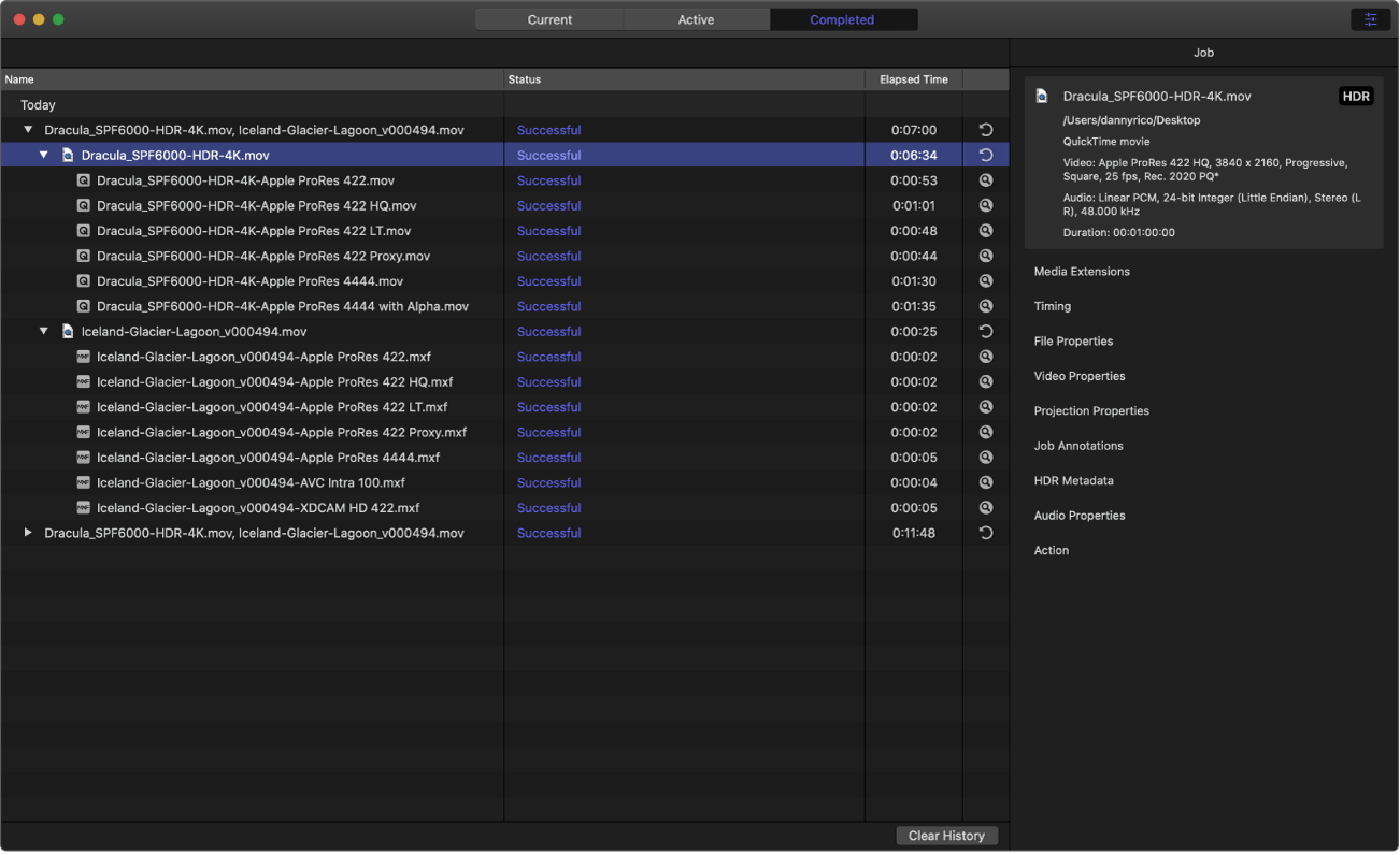 Apple Compressor Completed view с историей завершённых заданий
