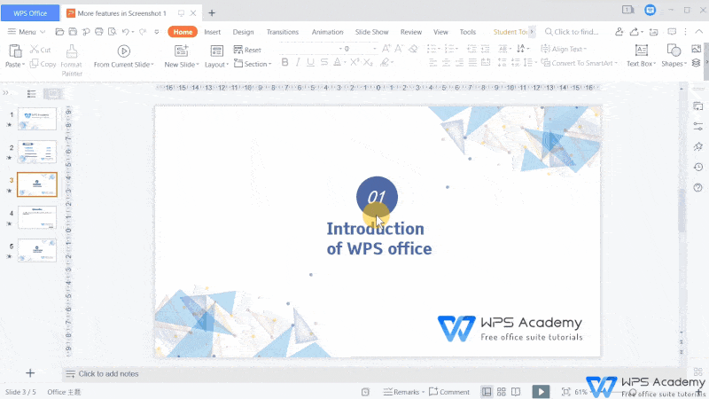 Интерфейс WPS Presentation с открытой вкладкой Insert и инструментами вставки объектов