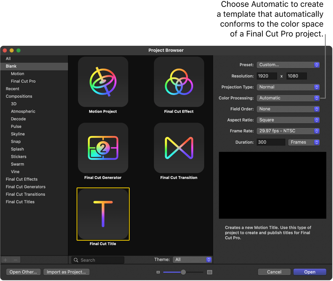 Project Browser в Apple Motion с выбором Final Cut Title