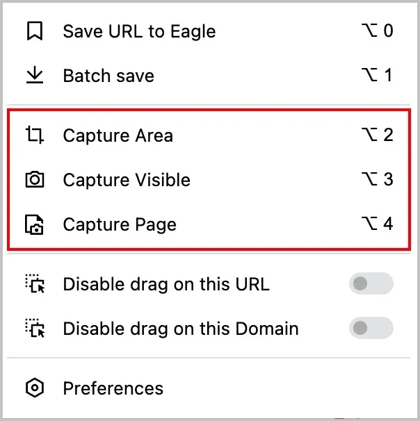 Меню расширения Eagle с командами Save URL to Eagle, Batch save, Capture Area, Capture Visible и Capture Page