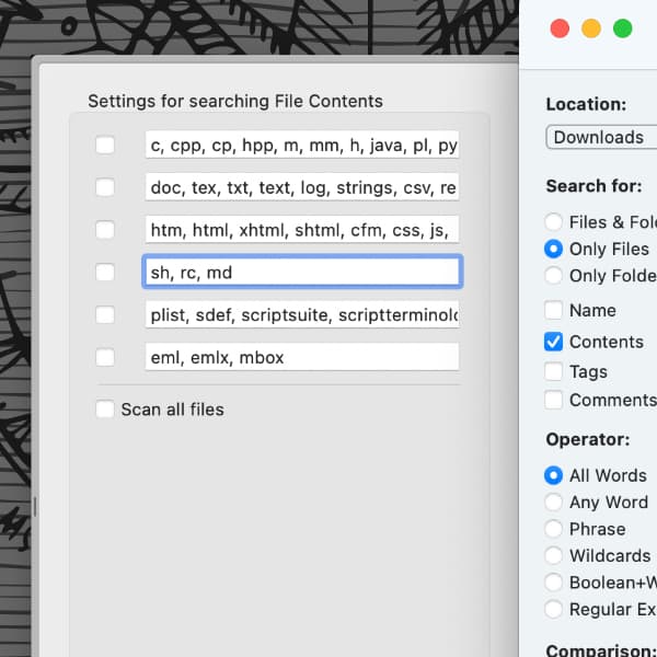 Панель Settings for searching File Contents в EasyFind