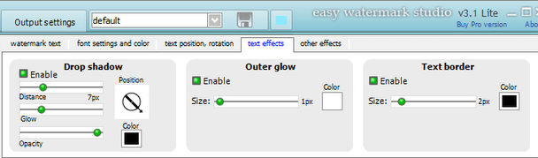 Эффекты текстового водяного знака: Drop shadow, Outer glow и Text border