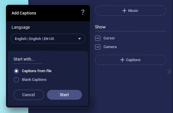Добавление captions в ScreenPal