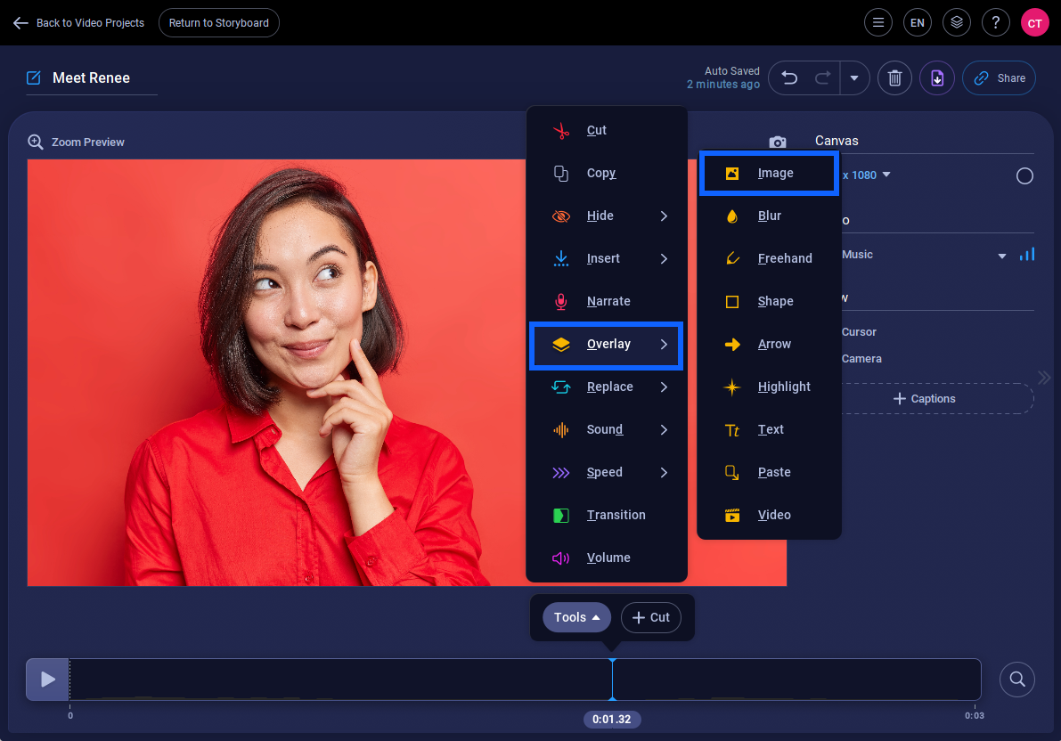 Меню Overlay в редакторе ScreenPal