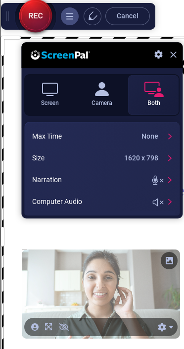 Окно рекордера ScreenPal: Screen, Camera, Both, Narration, Computer Audio