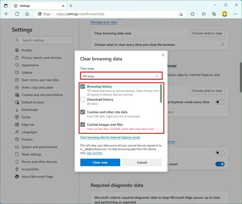 Очистка кэша в Edge