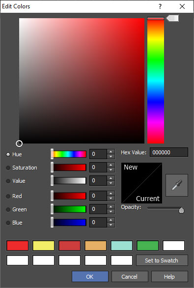 Окно Edit Colors в DrawPad с выбором Hue, Saturation, Value, RGB, Hex Value, Opacity и Set to Swatch