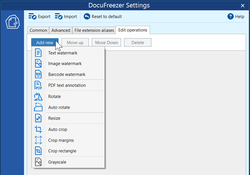 Вкладка Edit operations в DocuFreezer