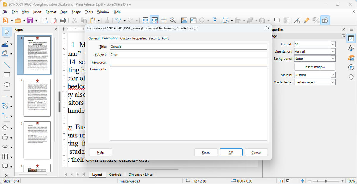 Редактирование свойств в LibreOffice