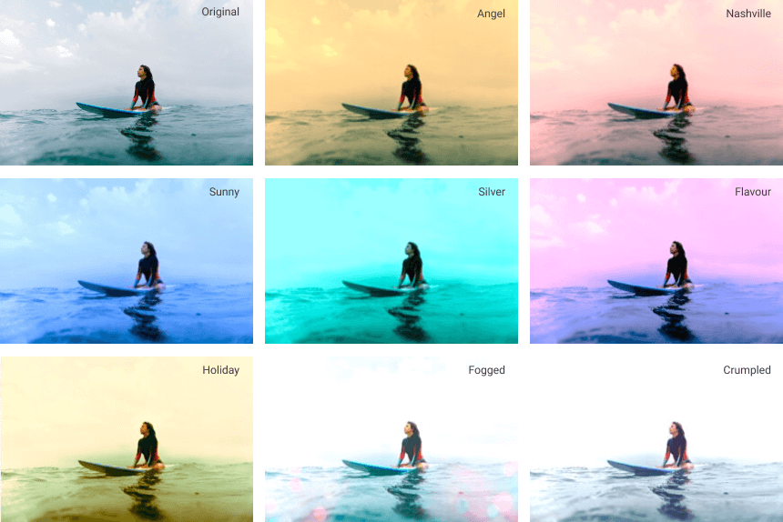 Набор фильтров Fotophire Photo Editor: Original, Angel, Nashville, Sunny, Silver и другие