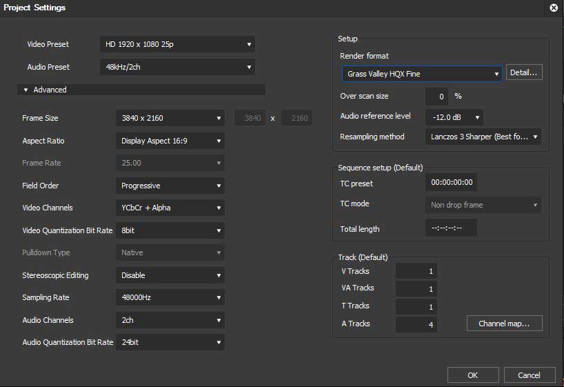 Окно Project Settings в EDIUS Pro