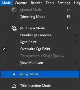 Proxy Mode в меню Mode (EDIUS Pro)