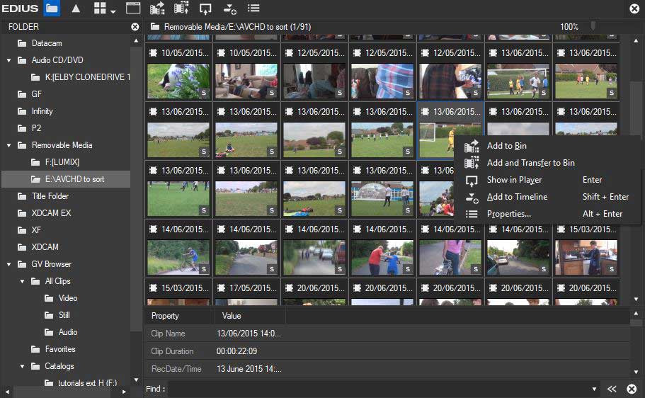 Source Browser в EDIUS Pro: команды Add to Bin / Add and Transfer to Bin