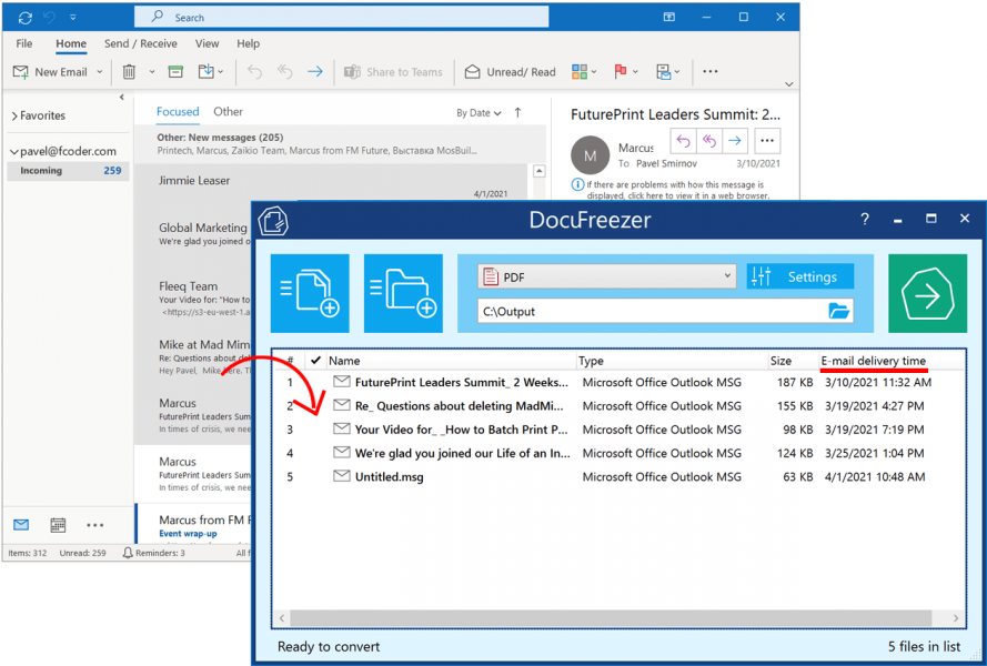 Импорт писем Outlook в DocuFreezer