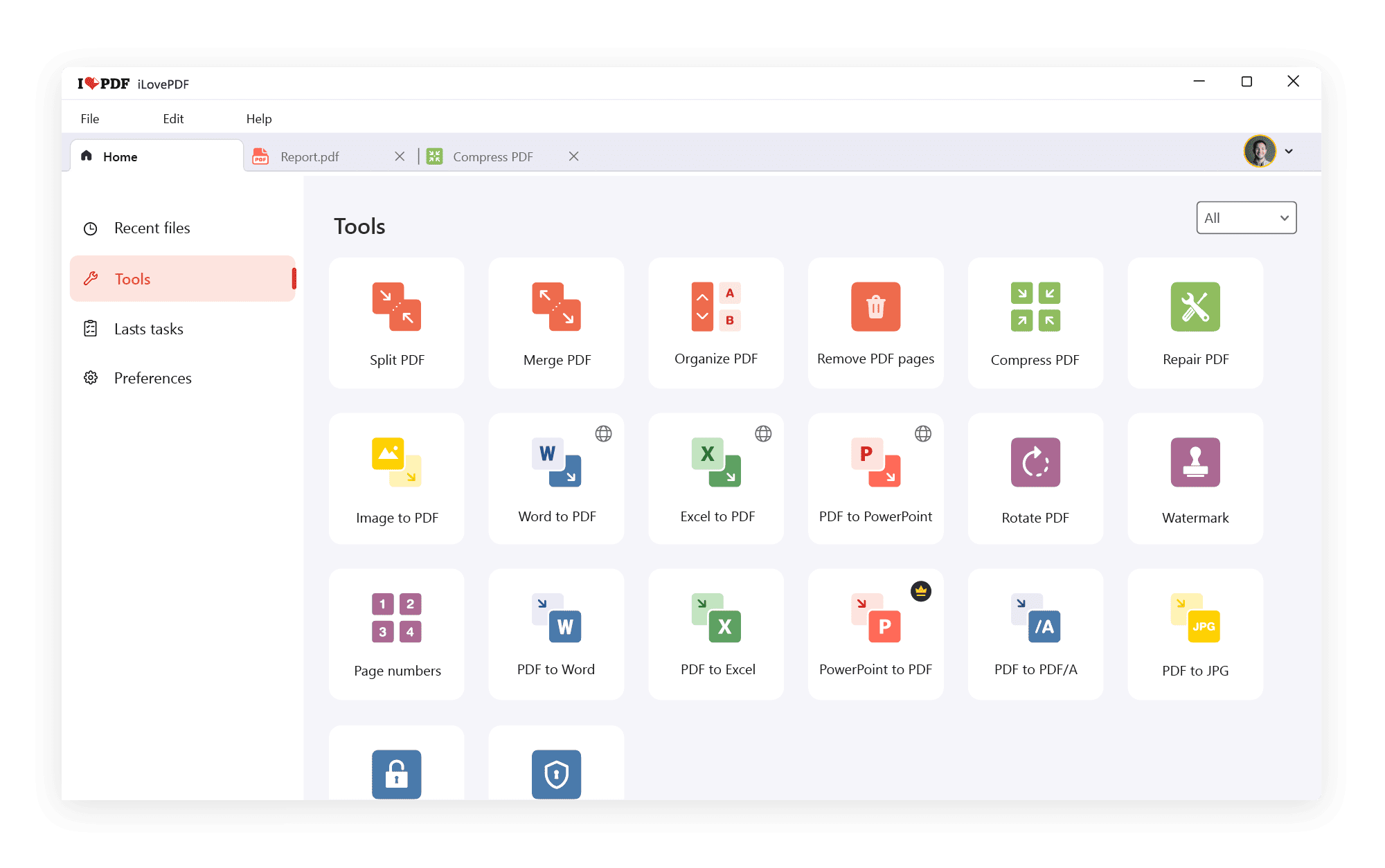 Экран со списком инструментов iLovePDF Desktop App