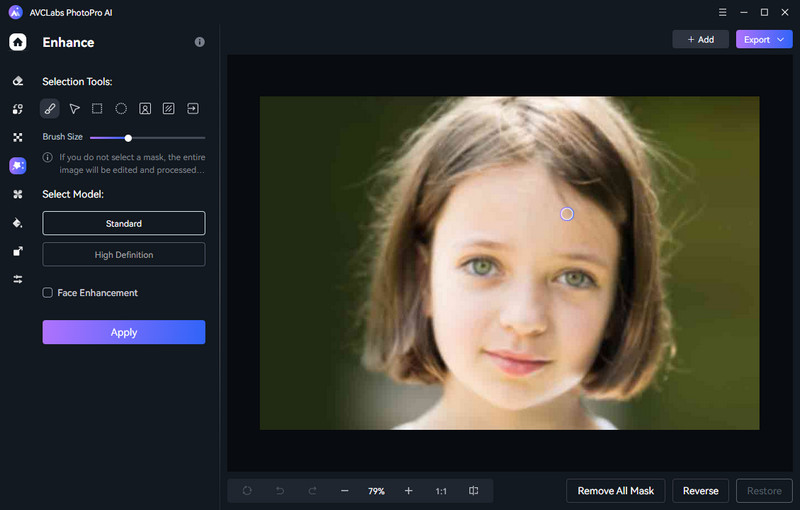 Модуль Enhance в AVCLabs PhotoPro AI с моделями Standard, High Definition и Face Enhancement