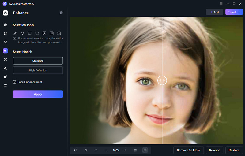 Сравнение до/после в Enhance с включенным Face Enhancement